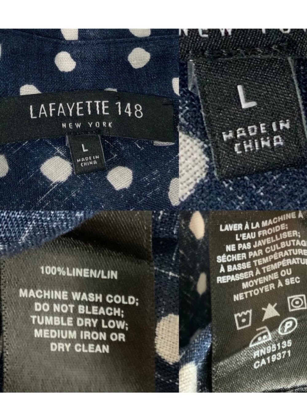 Lafayette 148 NY Linen Button Front Shirt L Blue Polka Dot Natural Fiber - Picture 7 of 15